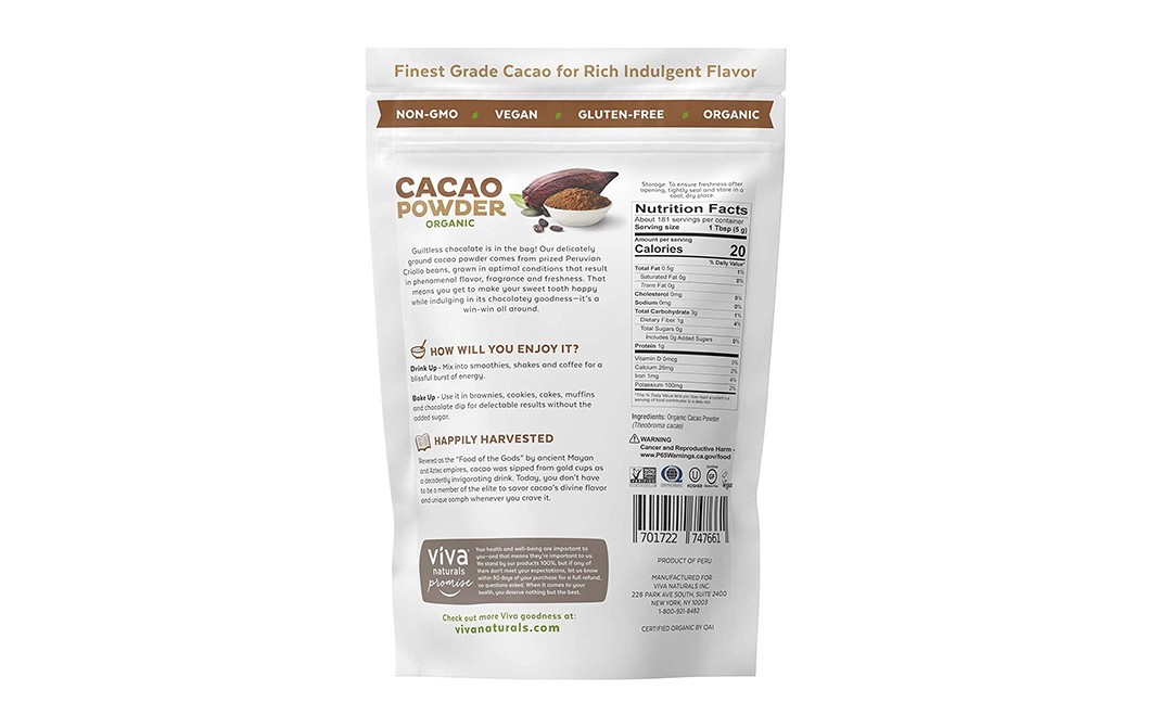 Viva Naturals Cacao Powder Organic   Pack  454 grams
